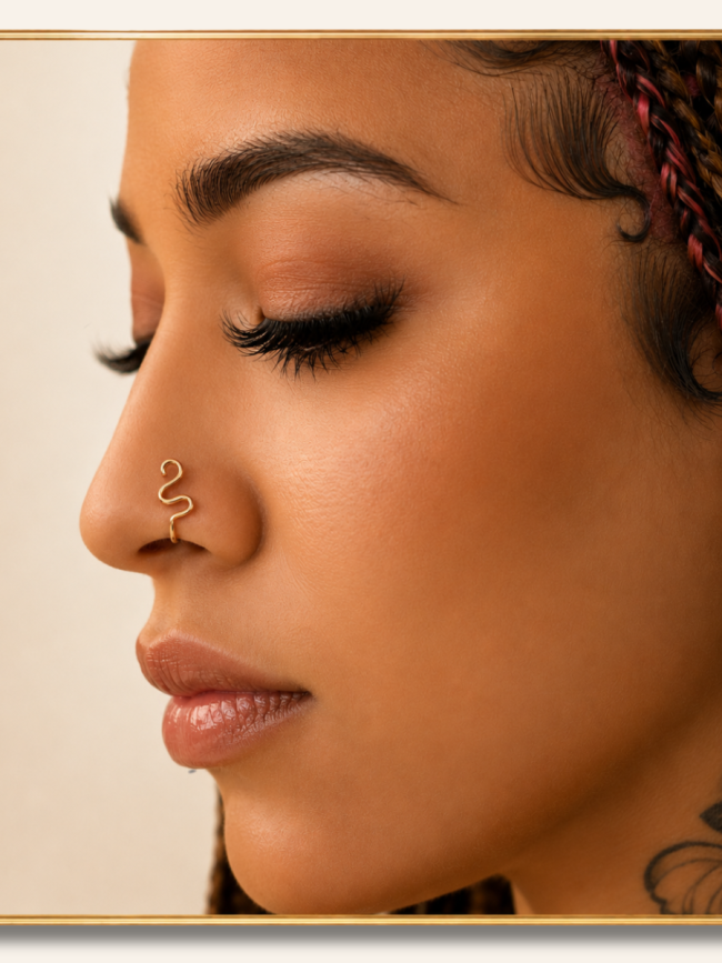 Model wearing the Renew handcrafted wire-wrapped nose cuff from the Dasanni Speaks Self-Love Collection.