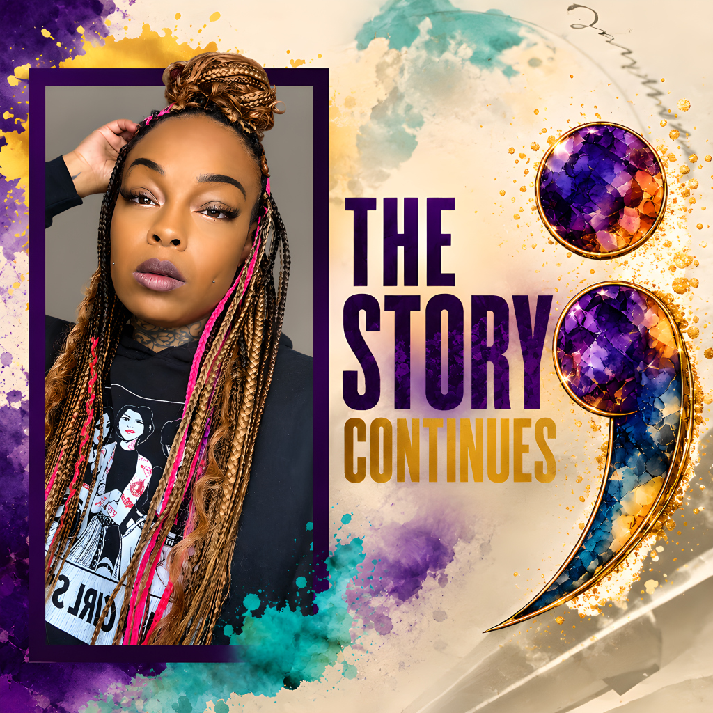 "A mixed-media collage featuring a portrait of the Dasanni Speaks founder alongside a vintage-style burned newspaper clipping highlighting the company's support for mental health counseling. A large purple and gold jeweled semicolon symbolizes hope and resilience, set against soft watercolor textures in cream, purple, teal, and gold for an elegant, storytelling-inspired design."