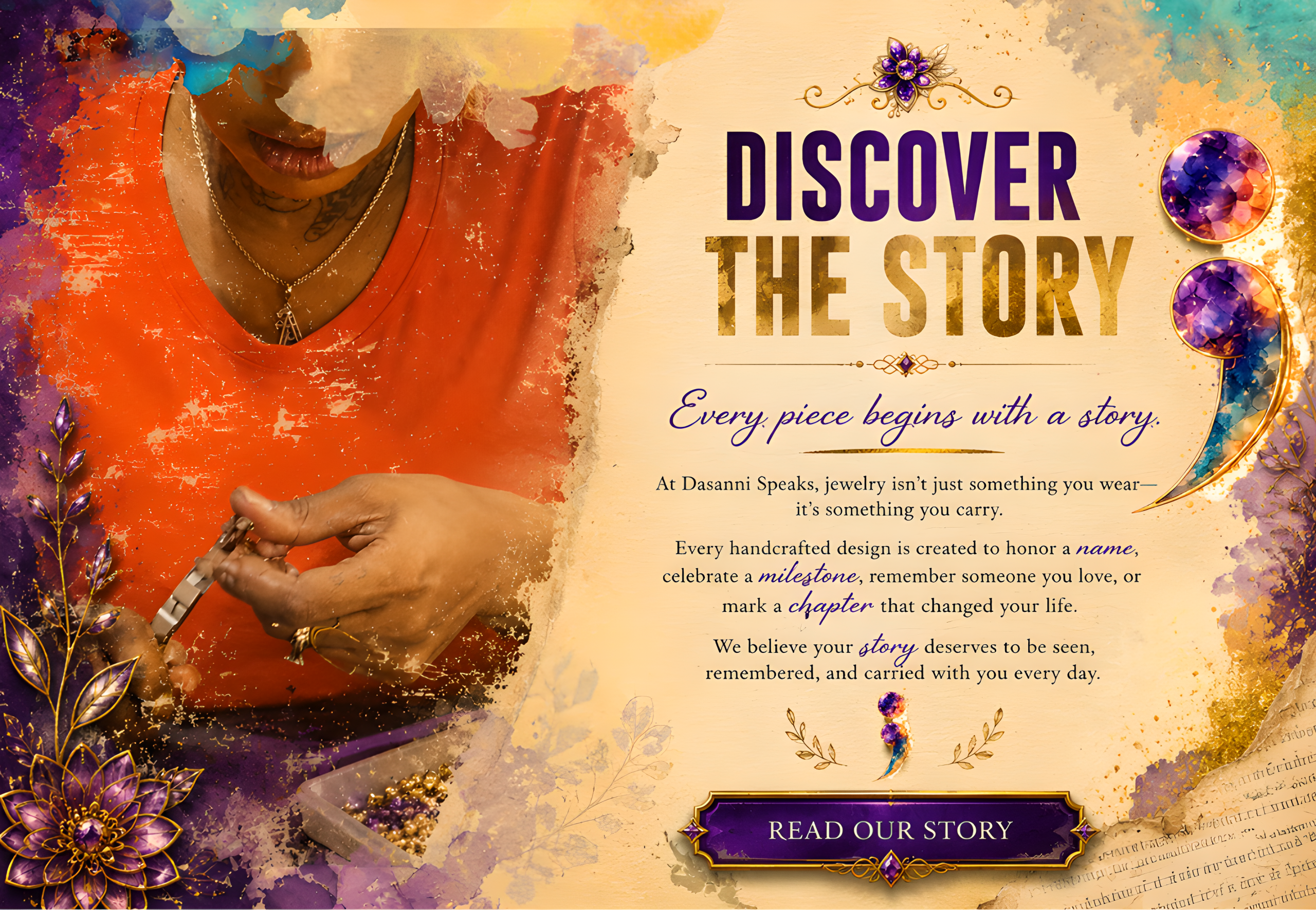 "Dasanni Speaks Discover the Story section featuring the artist creating handcrafted wire-wrapped jewelry with elegant purple and gold artwork and a Read Our Story button."