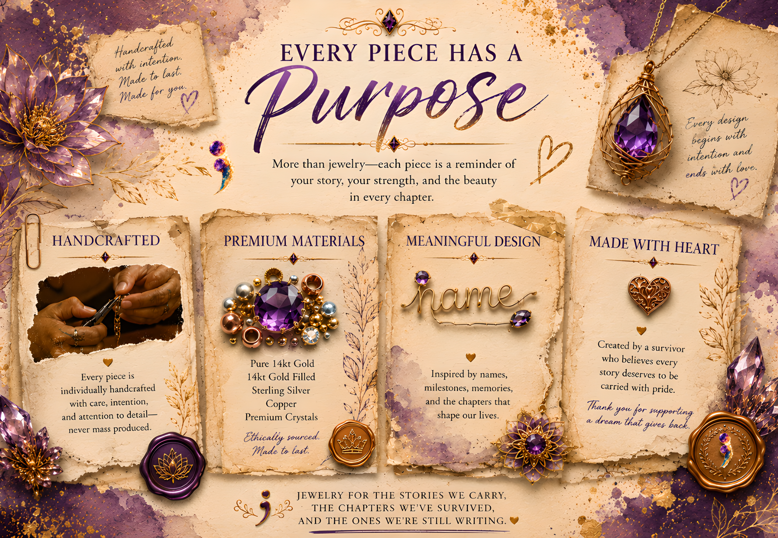 "Every Piece Has a Purpose section for Dasanni Speaks featuring vintage journal-style cards highlighting handcrafted jewelry, premium materials including pure 14kt gold, 14kt gold filled, sterling silver, copper, and premium crystals, meaningful design, and artisan craftsmanship in an elegant purple and gold watercolor theme."