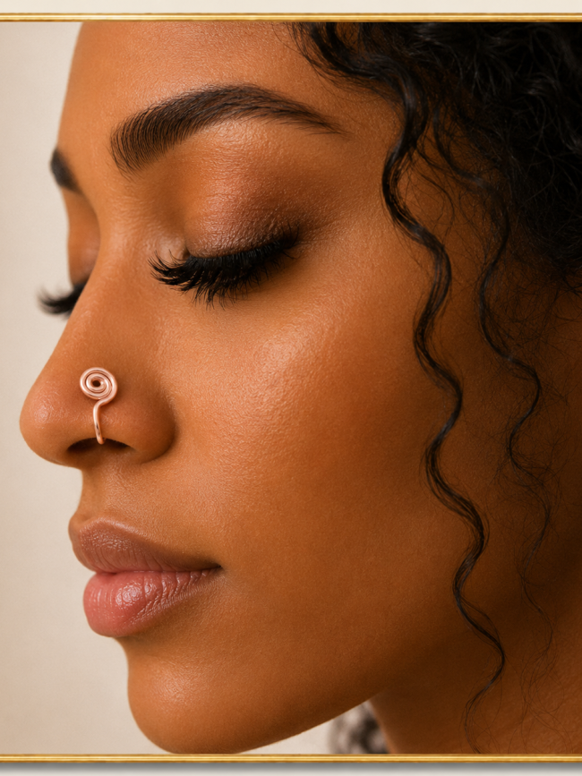 Woman wearing the Bloom handcrafted non-pierced wire nose cuff from the Dasanni Speaks Self-Love Collection.