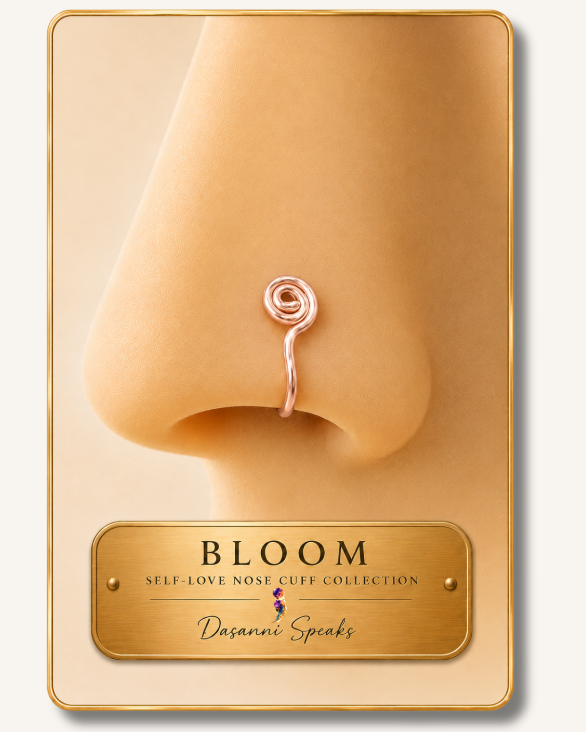 Close-up of the Bloom handcrafted wire wrapped rose gold nose cuff worn on a model, part of the Dasanni Speaks Self-Love Collection.