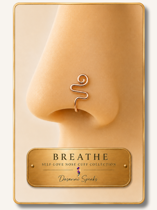 Close-up of the Breathe handcrafted rose gold wire wrapped nose cuff worn on a model from the Dasanni Speaks Self-Love Collection.
