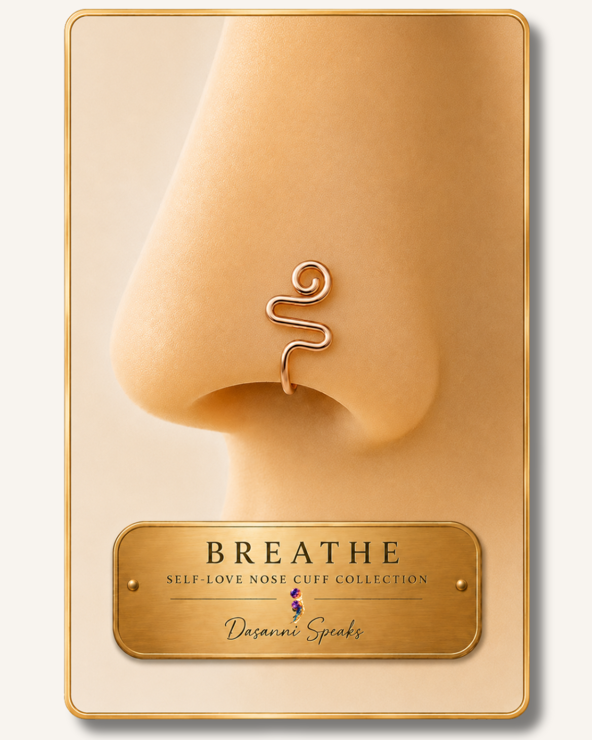Close-up of the Breathe handcrafted rose gold wire wrapped nose cuff worn on a model from the Dasanni Speaks Self-Love Collection.