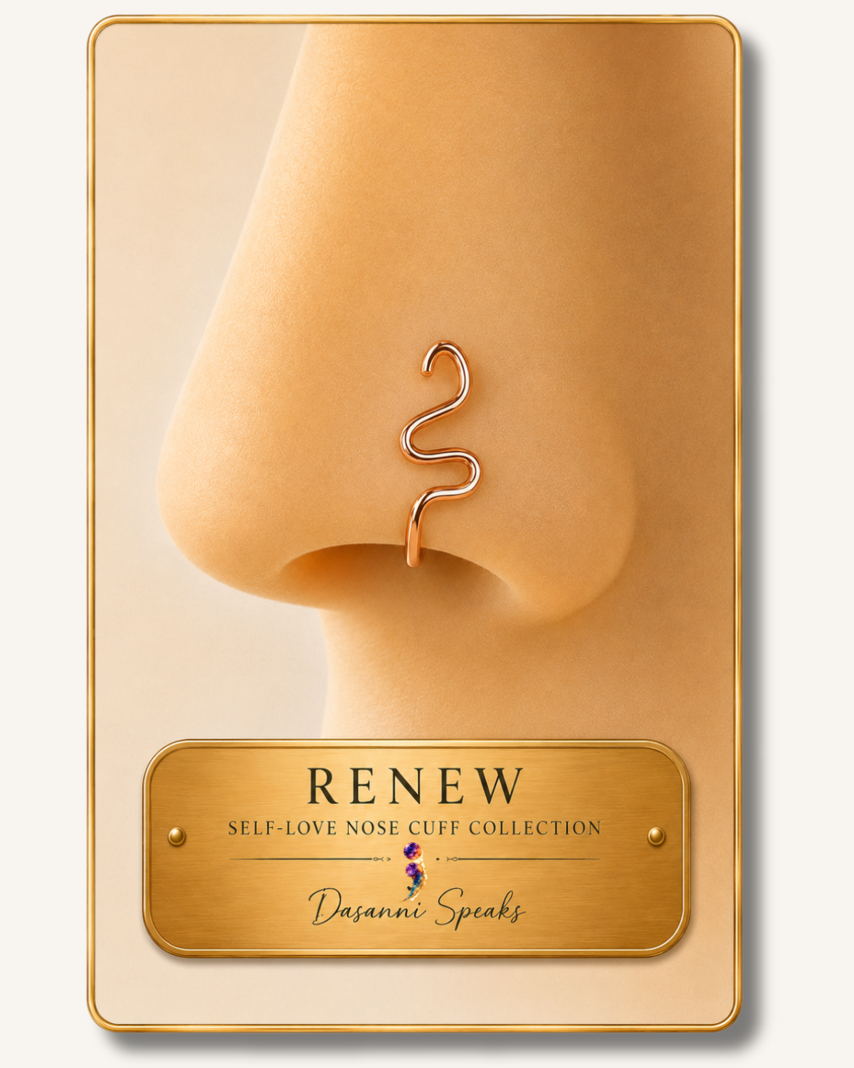 Close-up of the Renew handcrafted wire wrapped nose cuff in rose gold displayed on a model wearing a non-piercing nose cuff from the Dasanni Speaks Self-Love Collection.