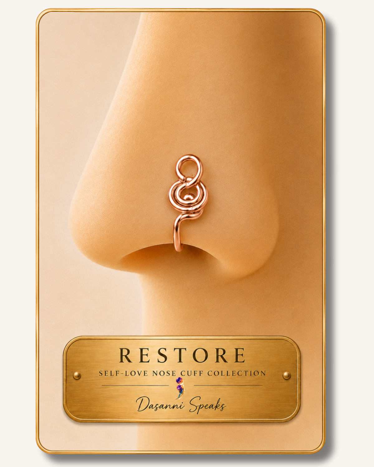 Close-up of the Restore handcrafted rose gold wire wrapped nose cuff worn on a model from the Dasanni Speaks Self-Love Collection.