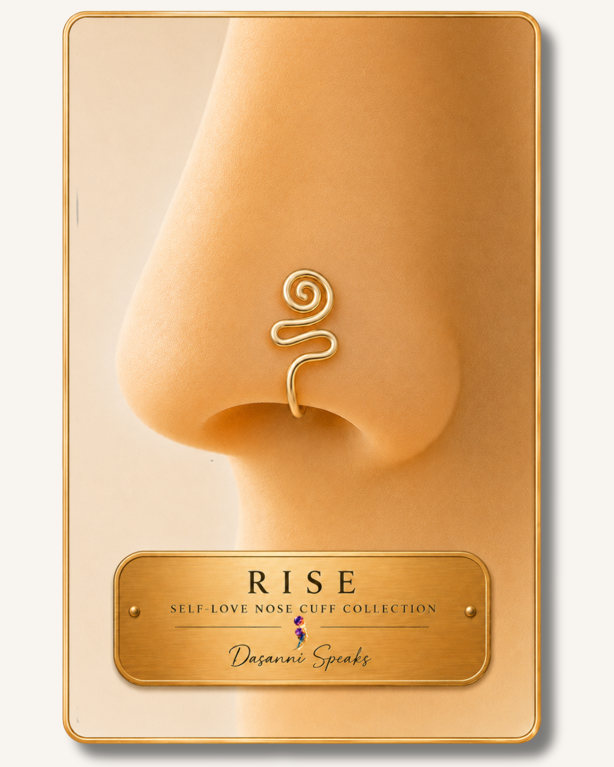 Close-up of the Rise handcrafted non-piercing wire wrapped nose cuff displayed on a model from the Dasanni Speaks Self-Love Collection.