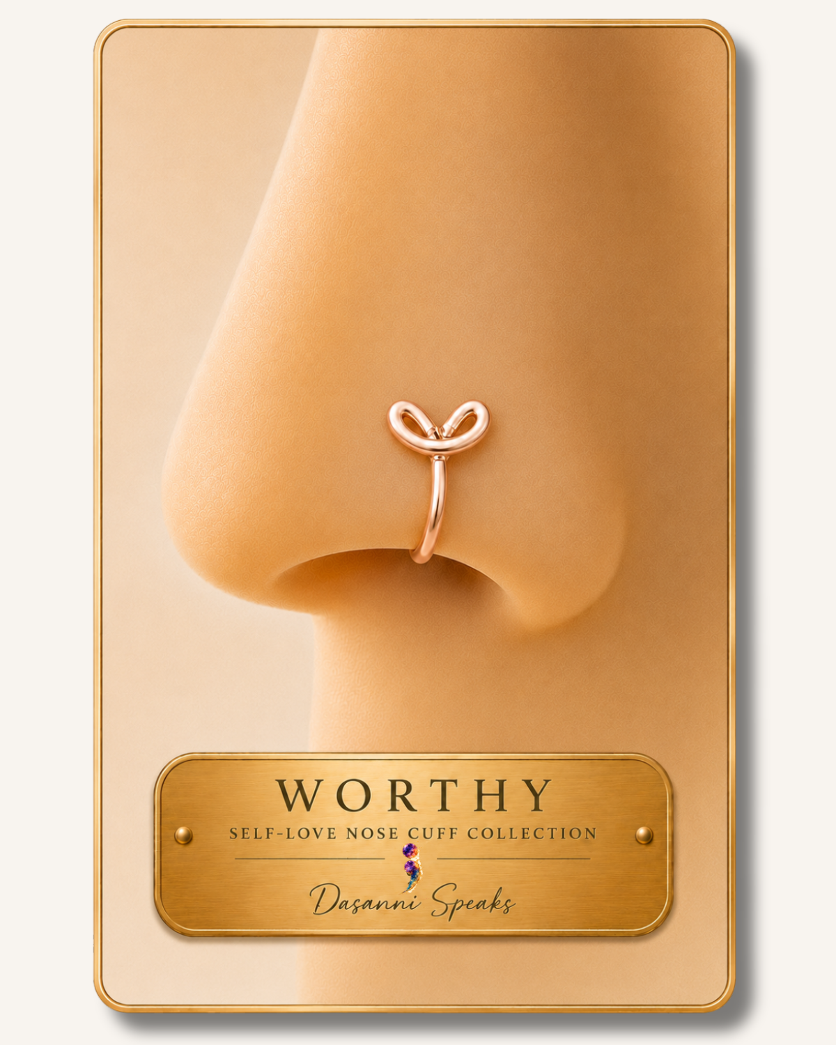 Close-up of the Worthy handcrafted wire wrapped non-piercing nose cuff in rose gold from the Dasanni Speaks Self-Love Collection.