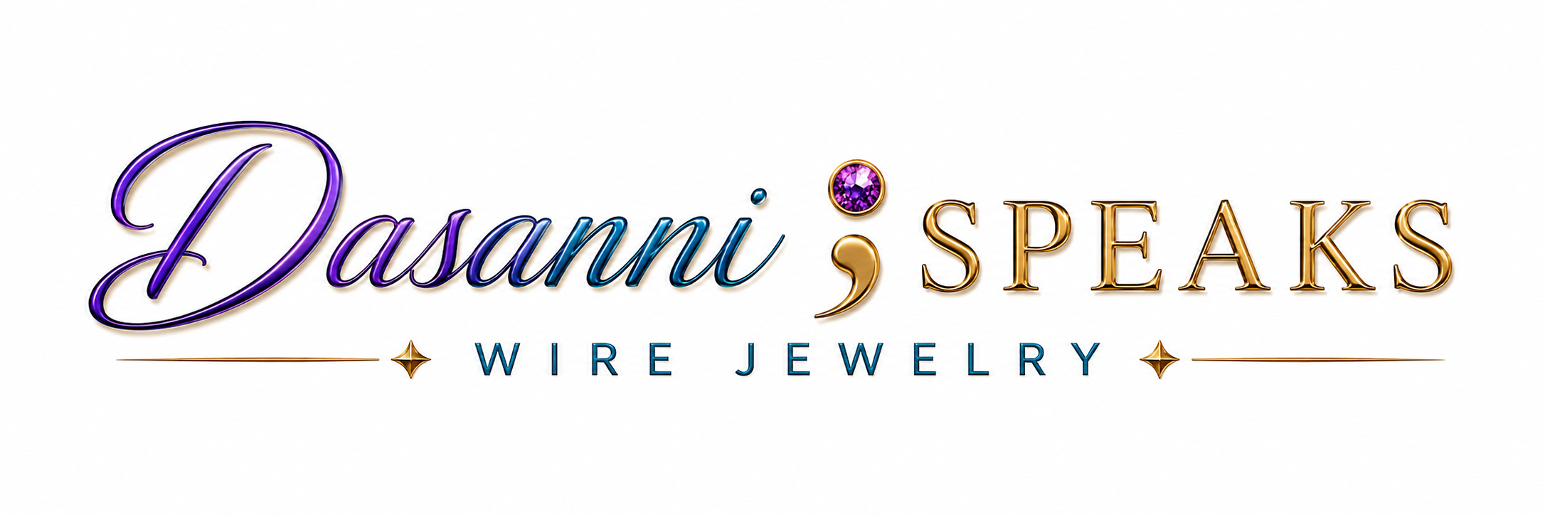 Dasanni Speaks Wire Jewelry logo featuring elegant script lettering in purple, teal, and gold
