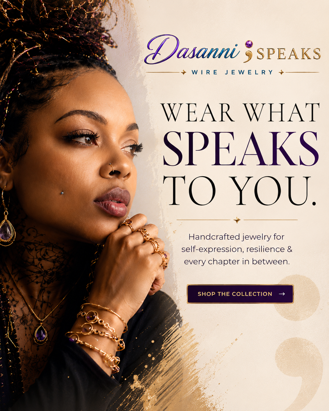 Dasanni Speaks handcrafted wire jewelry woman wearing gold and purple jewelry with “Wear What Speaks to You”