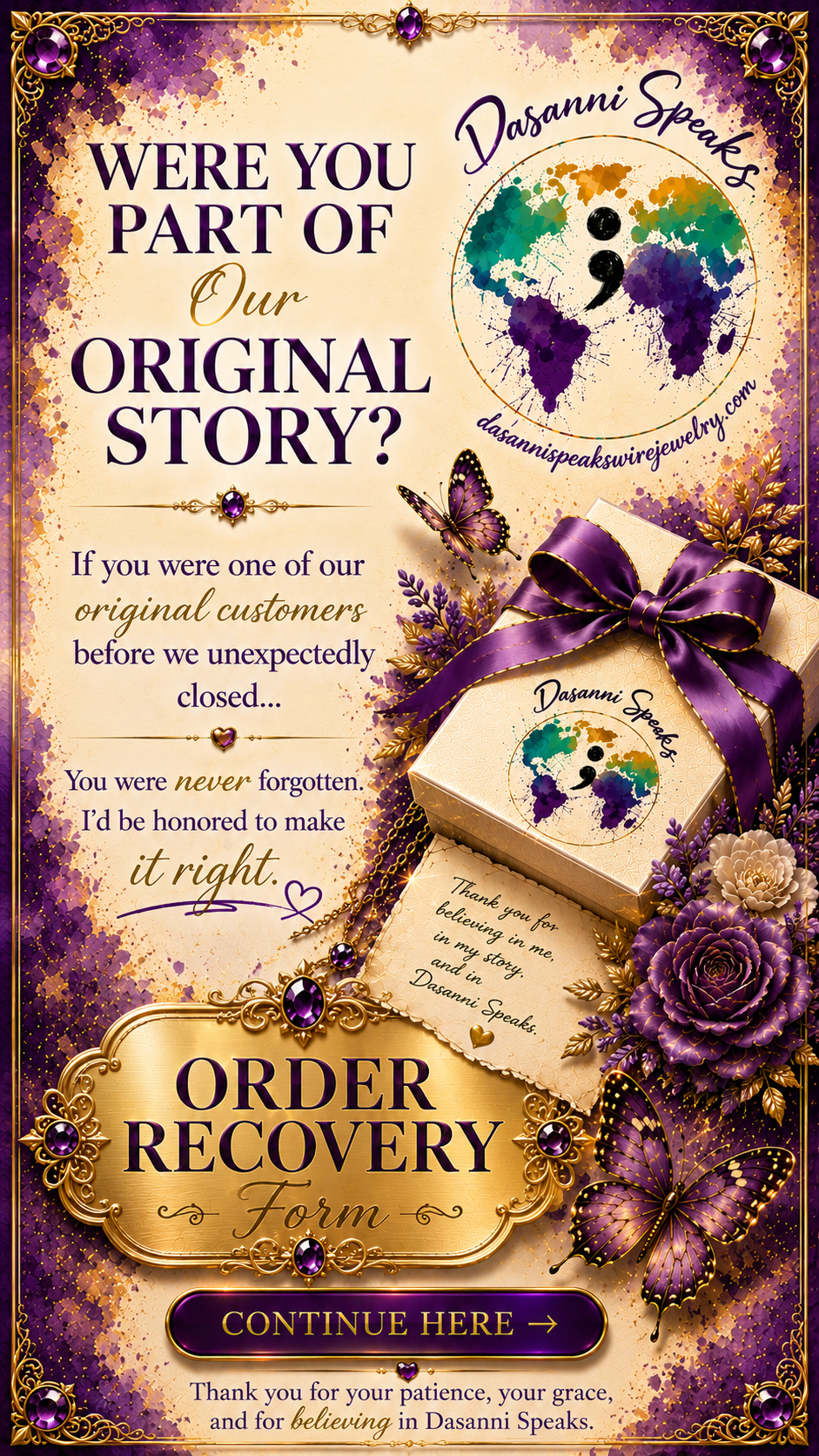 Dasanni Speaks Order Recovery form for original customers whose orders were affected by the business closure