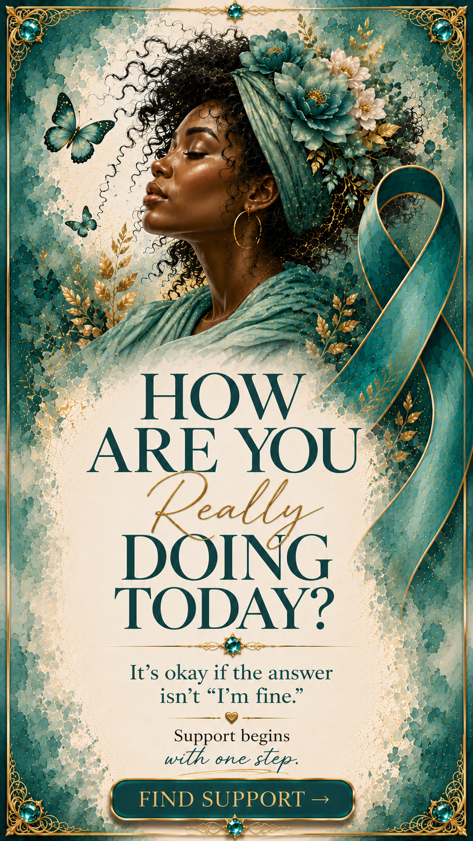 A teal awareness ribbon gently flows into the profile of an African American woman whose hair transforms from tangled chaotic thoughts into blooming teal and white flowers with butterflies, symbolizing healing, hope, resilience, and mental wellness.