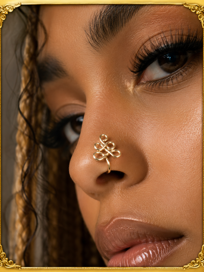 Close-up of a model wearing the Eden handcrafted gold wire nose cuff, featuring an elegant looping design, framed by an ornate gold border.