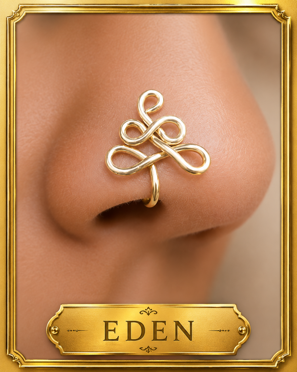 Close-up of the Eden handcrafted gold non-piercing nose cuff featuring an elegant intertwined wire design on the nose.
