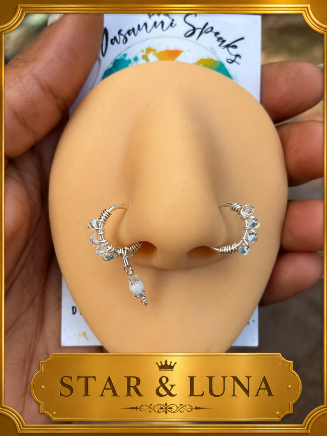 Star and Luna handcrafted non-pierced nose cuff bundle featuring Swarovski crystals, wire-wrapped details, and a dangling accent