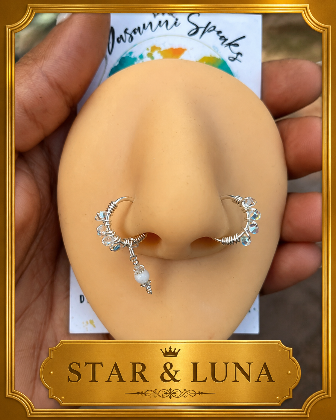 Star and Luna handcrafted non-pierced nose cuff bundle featuring Swarovski crystals, wire-wrapped details, and a dangling accent