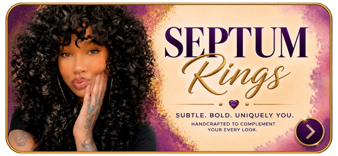 Septum Rings category banner featuring a woman with voluminous curly hair wearing a gold septum ring, alongside elegant purple and gold text reading “Septum Rings” and “Subtle. Bold. Uniquely You.