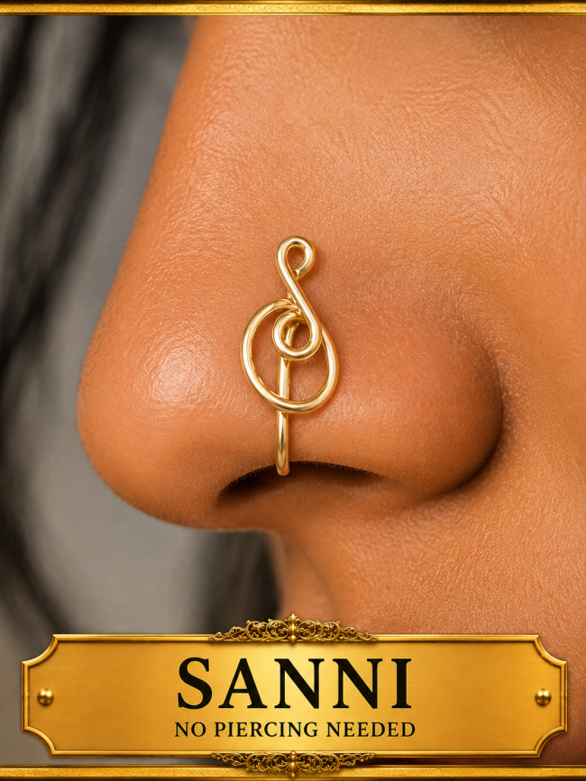 Shop SANNI, a handcrafted no-piercing nose cuff featuring an elegant looping design. Available in multiple metal options. No piercing needed.
