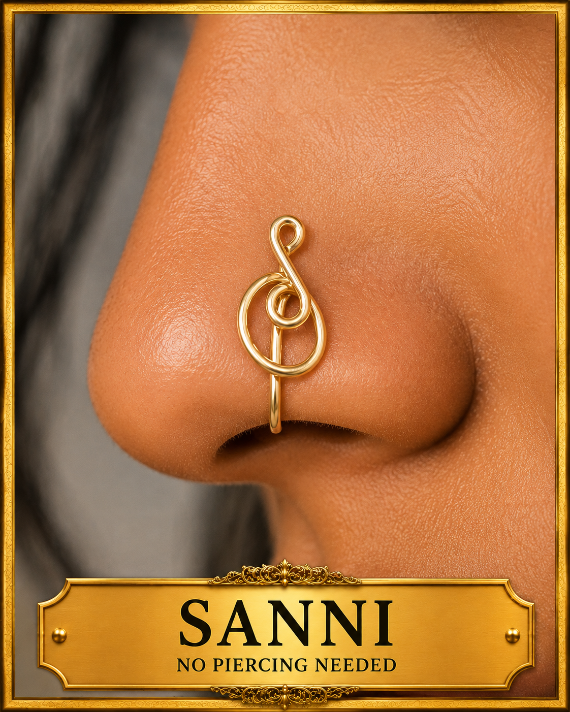 Shop SANNI, a handcrafted no-piercing nose cuff featuring an elegant looping design. Available in multiple metal options. No piercing needed.