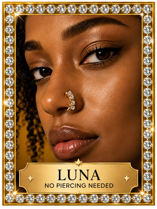 Model wearing Luna Swarovski crystal nose cuff with no piercing needed