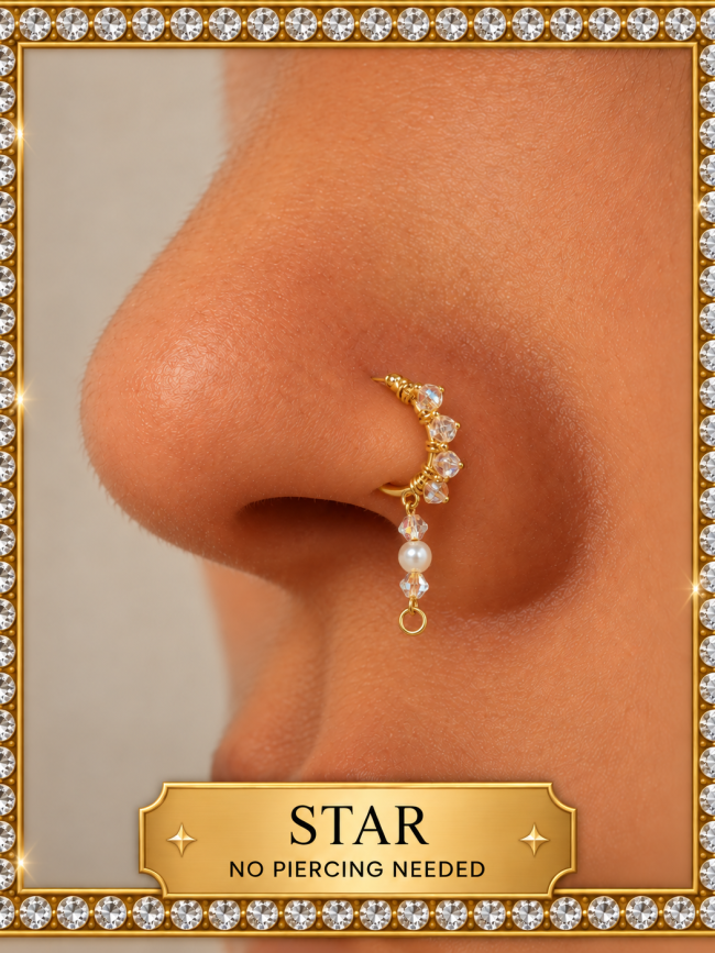 STAR non-pierced nose cuff in gold with crystal and pearl drop by Dasanni Speaks