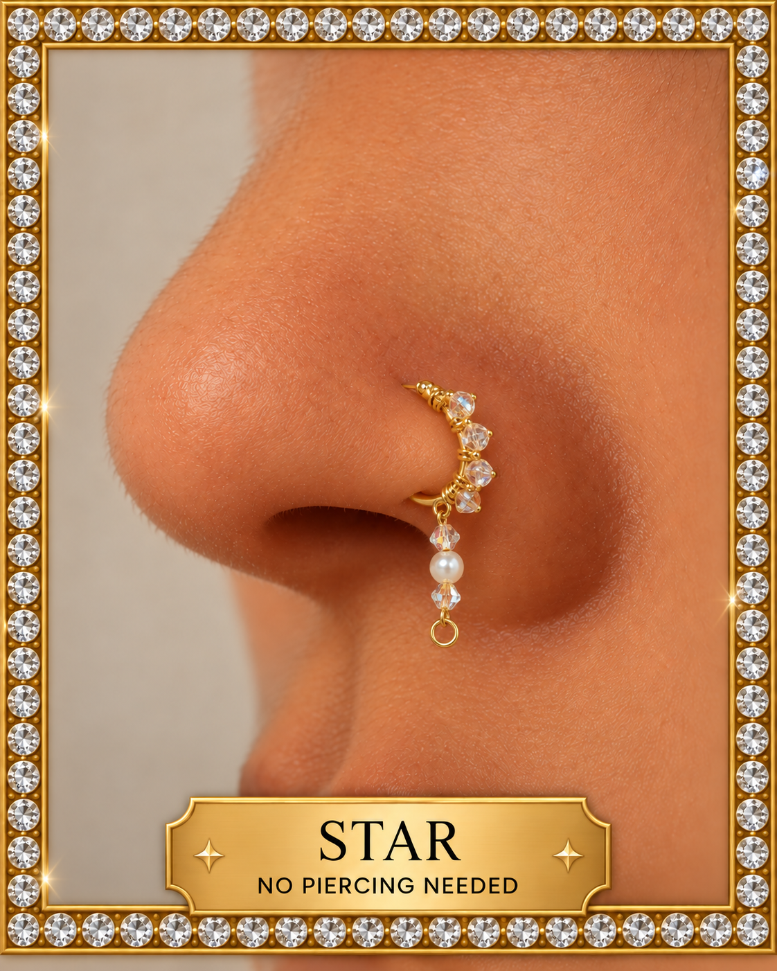 STAR non-pierced nose cuff in gold with crystal and pearl drop by Dasanni Speaks