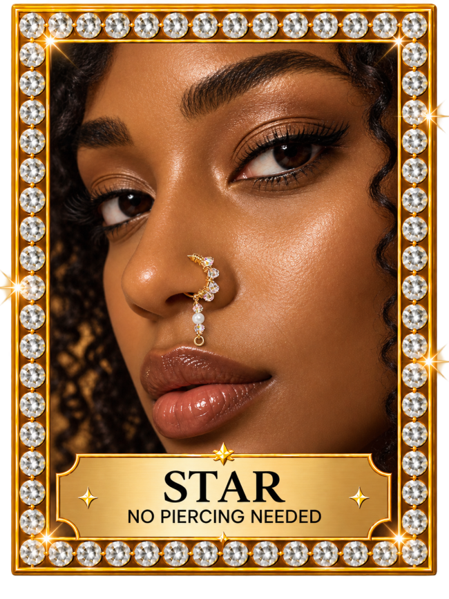 Model wearing STAR non-pierced crystal and pearl nose cuff by Dasanni Speaks