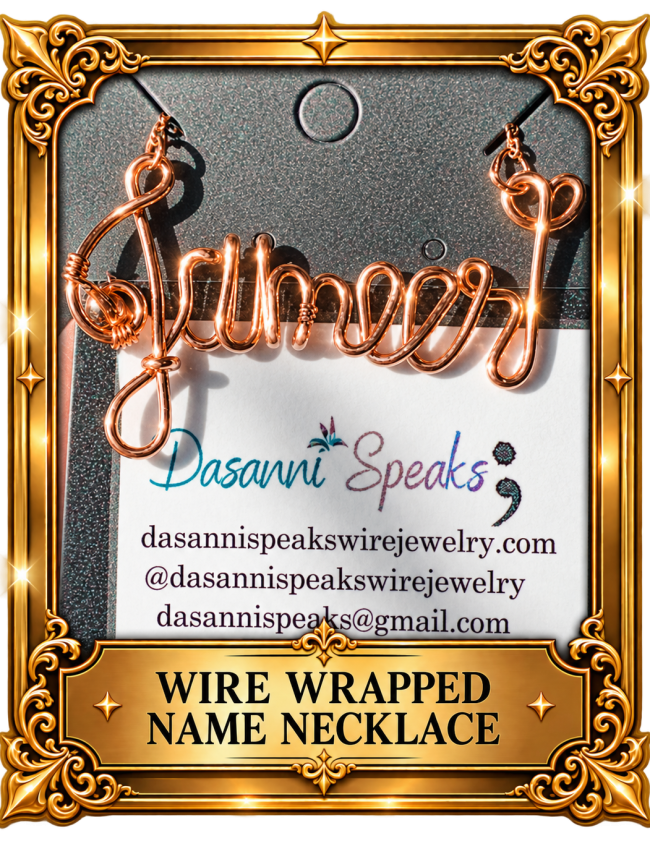 Rose gold custom wire wrapped name necklace displayed on Dasanni Speaks jewelry card