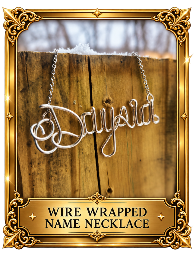 Custom silver wire wrapped name necklace hanging on a wooden post by Dasanni Speaks