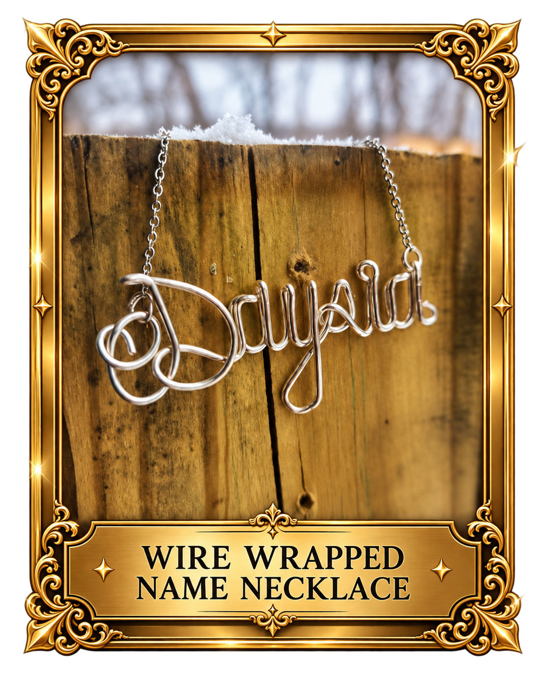 Custom silver wire wrapped name necklace hanging on a wooden post by Dasanni Speaks